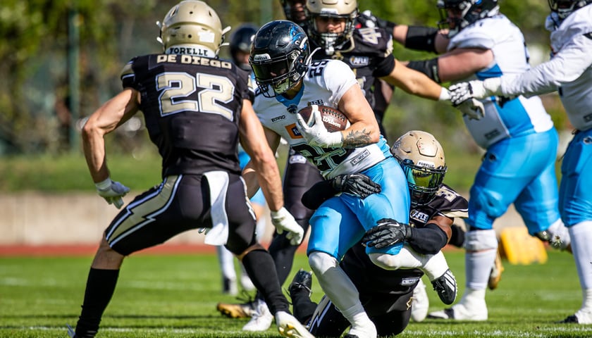 Grupa zawodników futbolu amerykańskiego z dwóch drużyn w trakcie akcji z piłką - mecz Berlin Thunder - Panthers Wrocław, 22 sierpnia 2026 r.