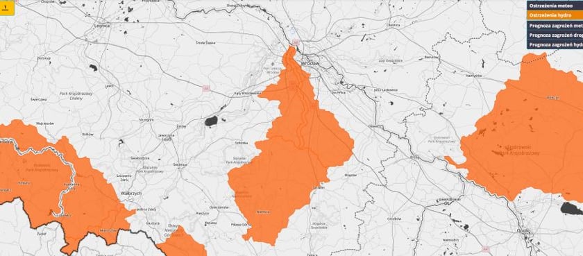 Na mapie widać ostrzeżenie hydrologiczne. Dużo więcej wody w Ślęzie we Wrocławiu