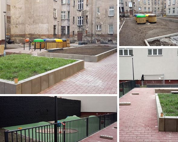 Zagospodarowanie wnętrz podwórzowych w obrębie ulic: Kniaziewicza, Dąbrowskiego, Komuny Paryskiej, Pułaskiego oraz Świstackiego, Więckowskiego, Kościuszki, Brzeskiej we Wrocławiu. Wykonawca: spółka Wrocławskie Mieszkania.