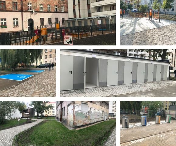 Zagospodarowanie wnętrz podwórzowych w obrębie ulic: Pułaskiego, Kościuszki, Prądzyńskiego oraz Traugutta, Komuny Paryskiej, Prądzyńskiego we Wrocławiu. Wykonawca: spółka Wrocławskie Mieszkania.