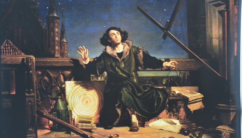 Na zdjęciu: Mikołaj Kopernik z rekwizytami astronomicznymi, patrzący w niebo / fragment graficznej reprodukcji obrazu "Kopernik Astronom, czyli rozmowa z Bogiem" / Jan Matejko / 1873 / olej na płótnie 