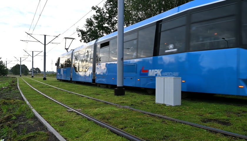 Tramwaj pędzący zielonym torowiskiem wzdłuż ulicy Kosmonautów. 