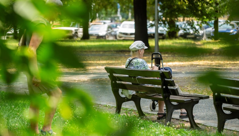 W upalne dni wrocławianie szukają wytchnienia w parkach. Na zdjęciu pani na ławeczce wśród zieleni. 