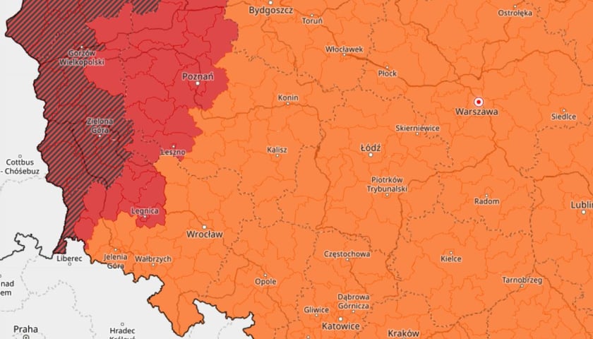 Obszary kraju objęte ostrzeżeniami IMGW