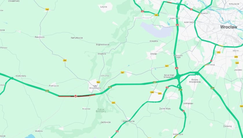 Mapa z zaznaczonymi na czerwono utrudnieniami na  autostradzie A4