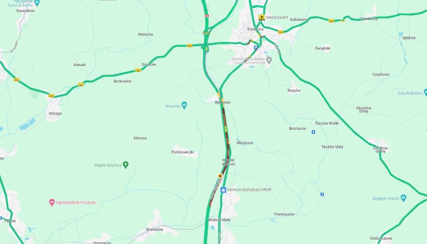 Mapa z zaznaczonym korkiem na trasie S5 koło Trzebnicy