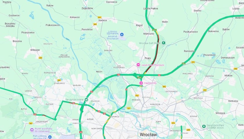 Mapa, na czerwono zaznaczono korek na S5 koło Wrocławia