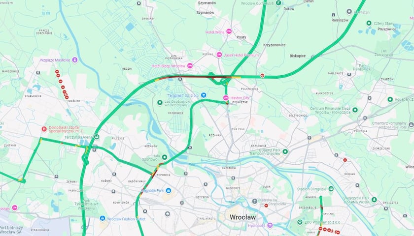 Mapa, na czerwono zaznaczono korek na AOW