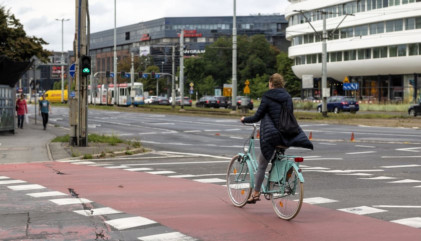 Zdjęcie ilustracyjne - rowerzysta na drodze rowerowej w centrum Wrocławia 