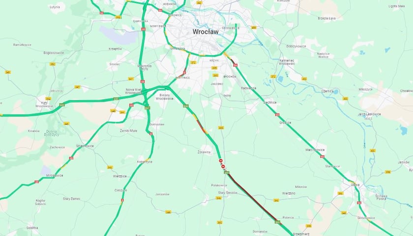 Mapa, na czerwono zaznaczono korek na A4