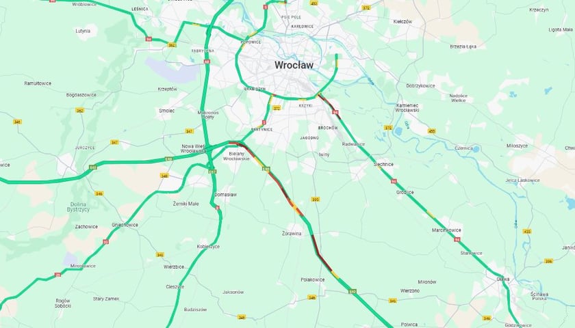 Mapa, na czerwono zaznaczony korek na A4