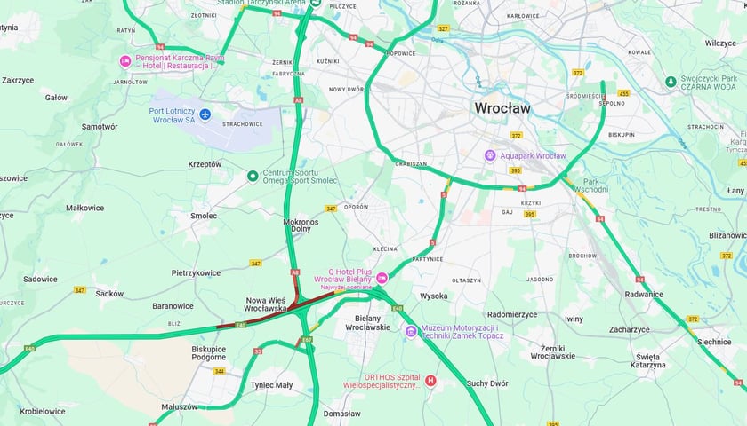 Na czerwono zaznaczono korek na A4 koło Wrocławia