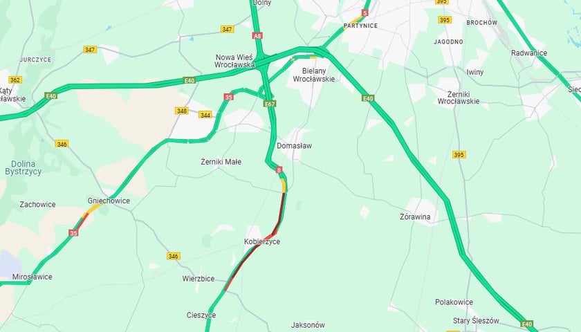 Na czerwono zaznaczono korek koło Wrocławia