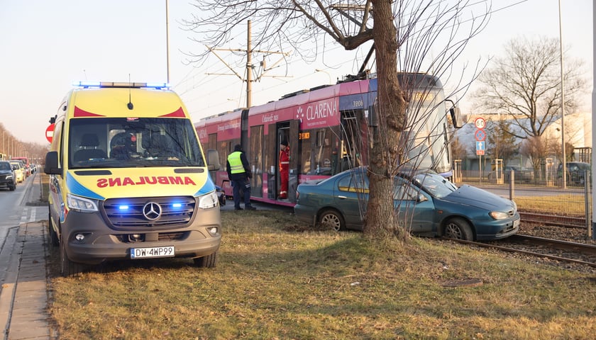 Tramwaj, samochód na torach, drzewa, pracownicy służb
