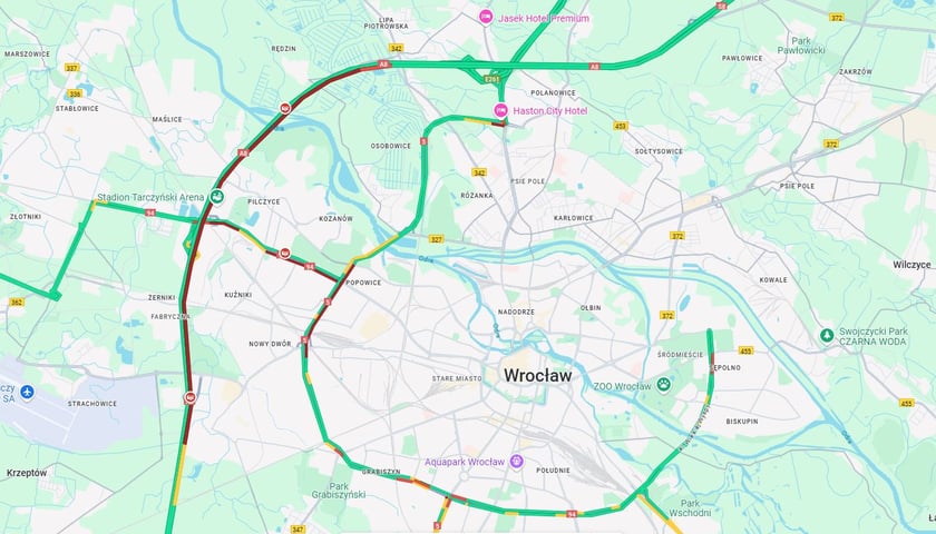 Mapa, na czerwono zaznaczono korek na AOW
