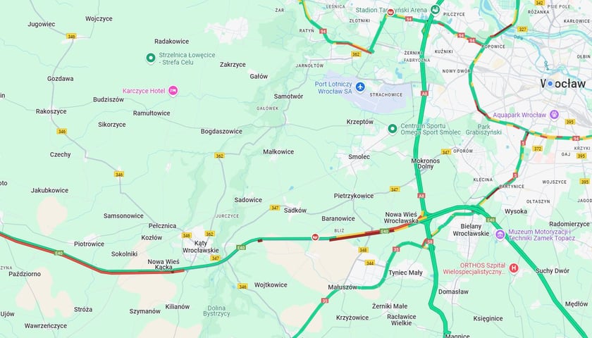 Na czerwono korek na autostradzie A4 koło Wrocławia