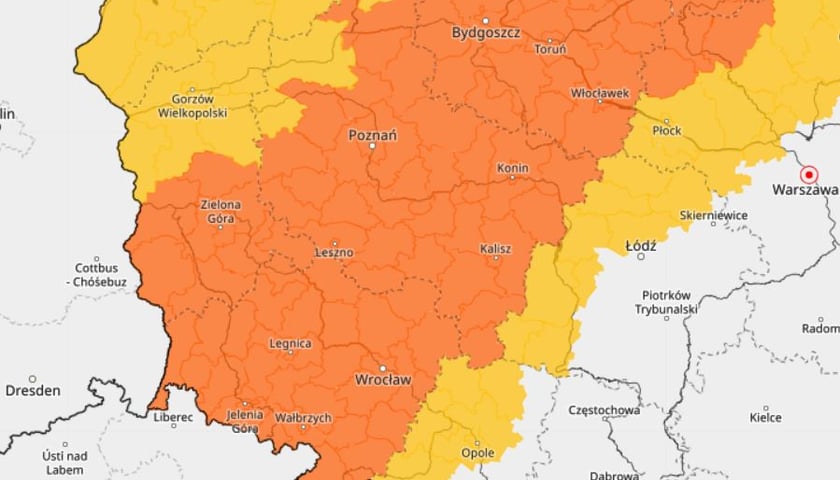 Obszar, na którym może pojawić się burza, mapa IMGW