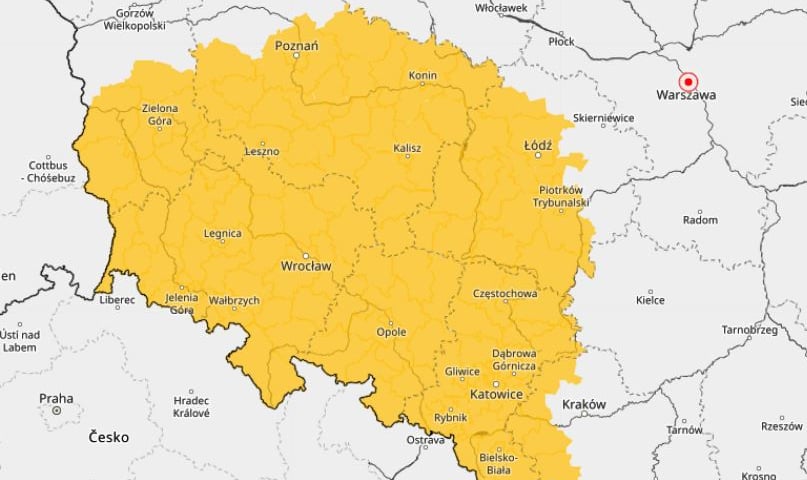 Obszar kraju, na którym może pojawić się burza - mapa IMGW