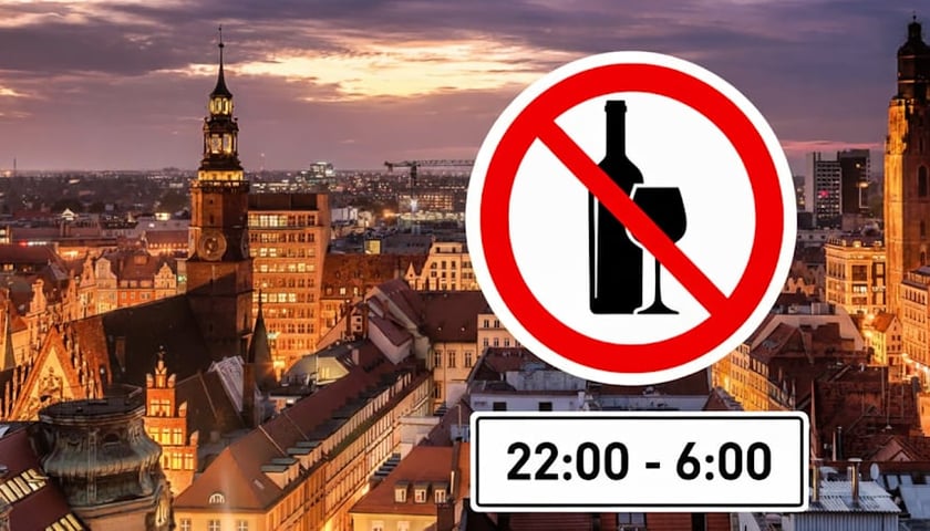 Panorama Wrocławia nocą, w kółku przekreślony symbol alkoholu