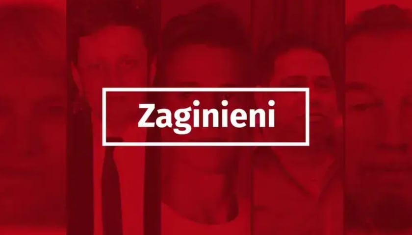 czerwona plansza z napisem "zaginieni", grafika ilustracyjna