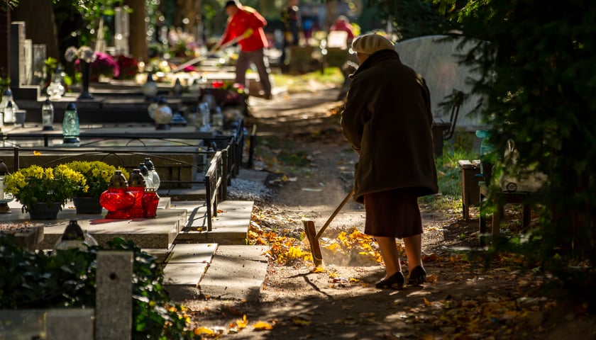 Powiększ obraz: Na zdjęciu sprzątaniee grobów we Wrocławiu