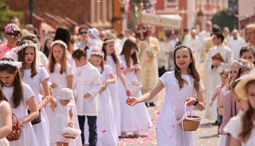 Powiększ obraz: Procesja Bożego Ciała we Wrocławiu. Dziewczynki w białych sukienkach i wiankach na głowie sypią płatki kwiatów, które niosą w koszykach
