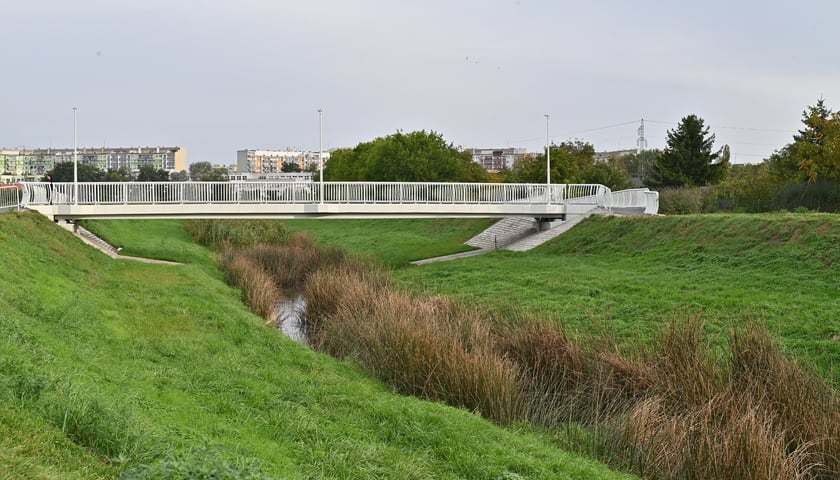 Kładka nad Ślęzą łącząca Muchobór Mały z Muchoborem Wielkim.