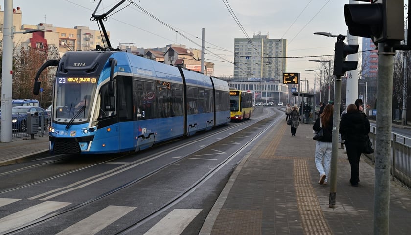 Powiększ obraz: Początek wydzielonej trasy autobusowo-tramwajowej na ulicy Strzegomskiej - przystanek 
