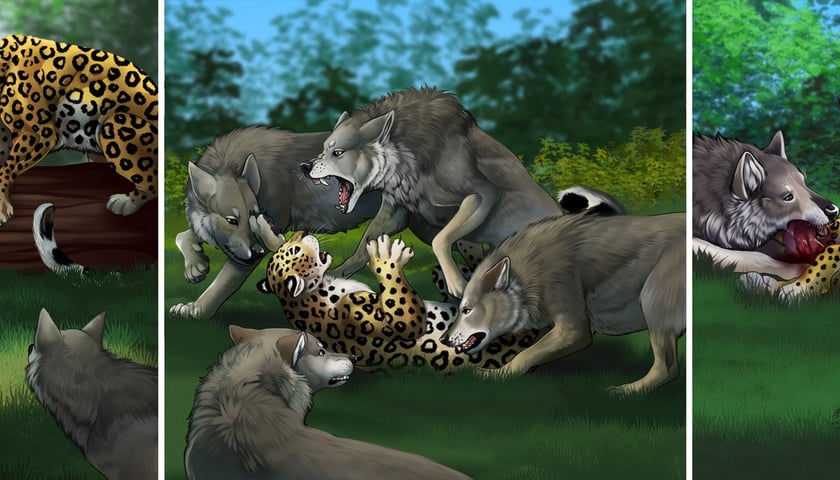 Powiększ obraz: Walka lamparta Panthera pardus z jednym z jego głównych, późnoplejstoceńskich konkurentów - wilkiem jaskiniowym Canis lupus spelaeus w pobliżu Jaskini Radochowskiej