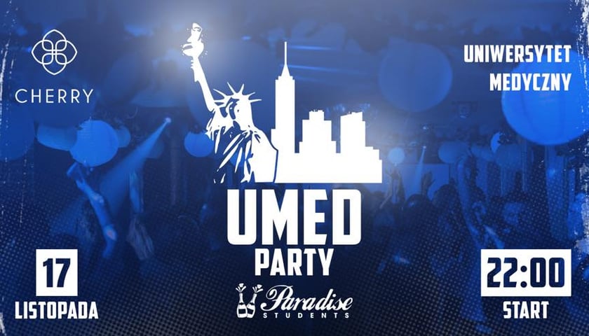 Powiększ obraz: Na grafice napis: UMed Party Paradise Students, Cherry 17 listopada, start godz, 22.00