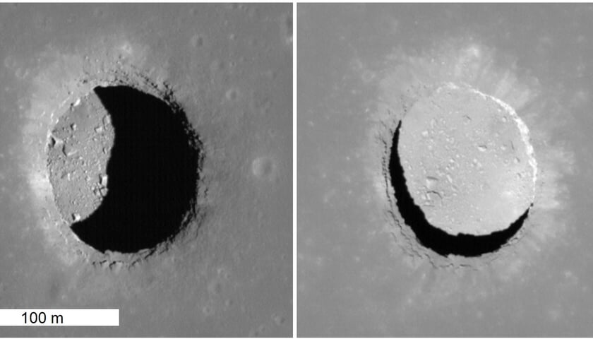 Powiększ obraz: Zawalisko na obszarze morza spokoju (Mare Tranquillitatis) uwiecznione pod różnymi kątami przez orbiter księżycowy LRO (Lunar Reconnaissance Orbiter) (NASAGSFCArizona State University)