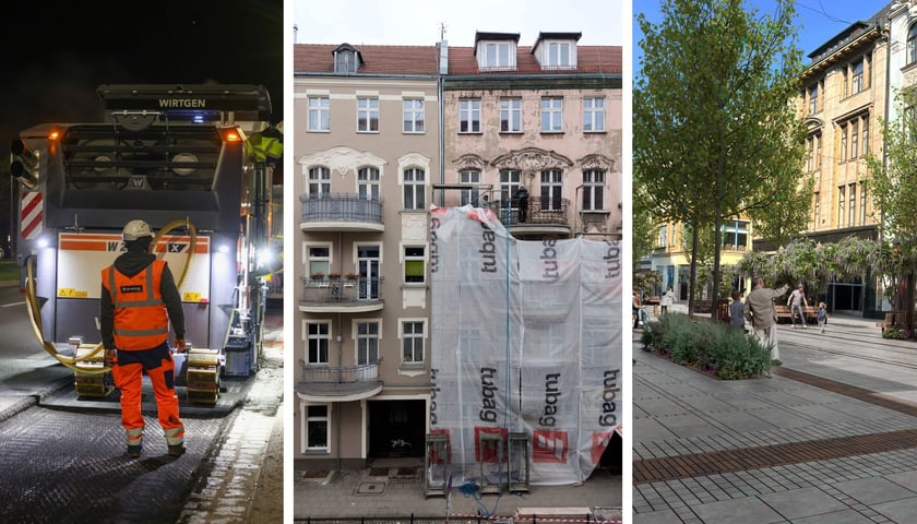 Zdjęcie podzielone na trzy części: z lewej remont jezdni na Al. Karkonoskiej,; w środku - remont fasady kamienicy na ul. Cybulskiego; z prawej - wizualizacja ul. Ruskiej po zmianach.