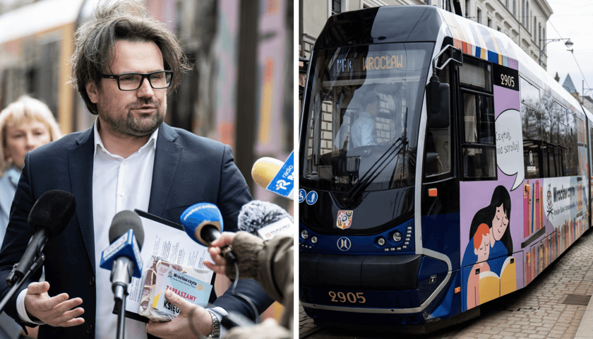 Kolaż 2 zdjęć: konferencja na temat akcji Wrocław czyta, na pierwszym planie Jarosław Perduta, dyrektor Departamentu Kultury i Sportu Urzędu Miejskiego Wrocławia, z prawej symbol akcji - BookTram