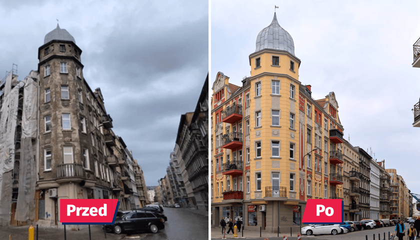 Kamienica przy jedności Narodowej przed (po lewej) i po remoncie (po prawej