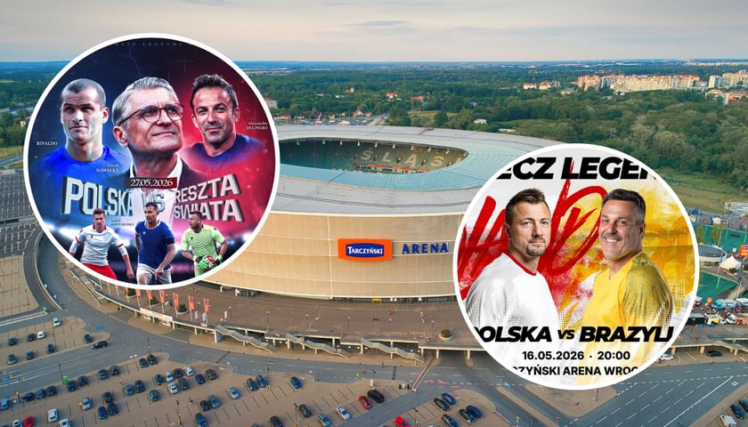 Stadion Tarczyński Arena Wrocław, w kółeczkach plakaty zapowiadające mecze legend w maju na wrocławskim stadionie