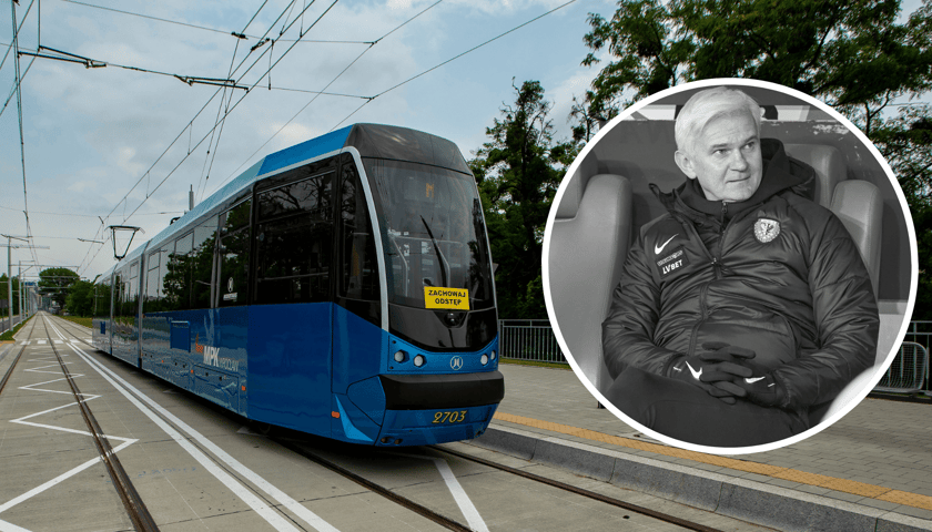 Tramwaj, w kółku portret śp. Jacka Magiery