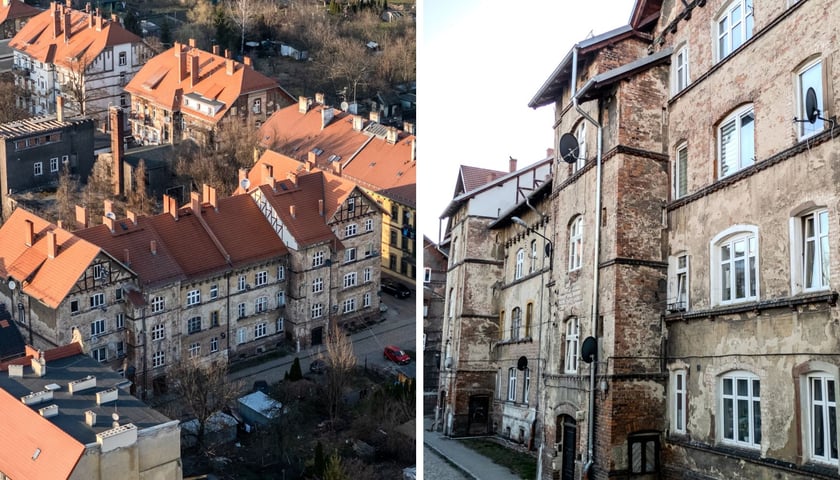 Zdjęcie podzielone na pół - z lewej widok kamienicy przy ul. Chińskiej 14 a i b z lotu ptaka; z prawej - wymagająca remontu fasada budynku przy ul. Chińskiej.