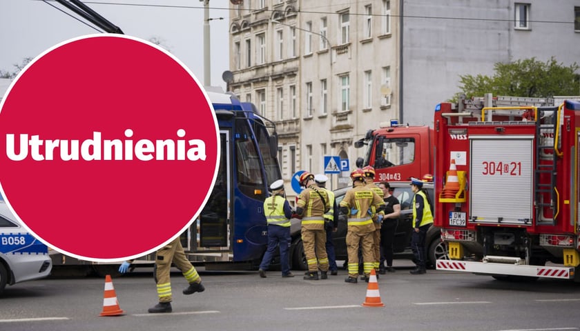 Kolizja samochodu osobowego z tramwajem, ul. Grabiszyńska. W kółku napis: utrudnienia