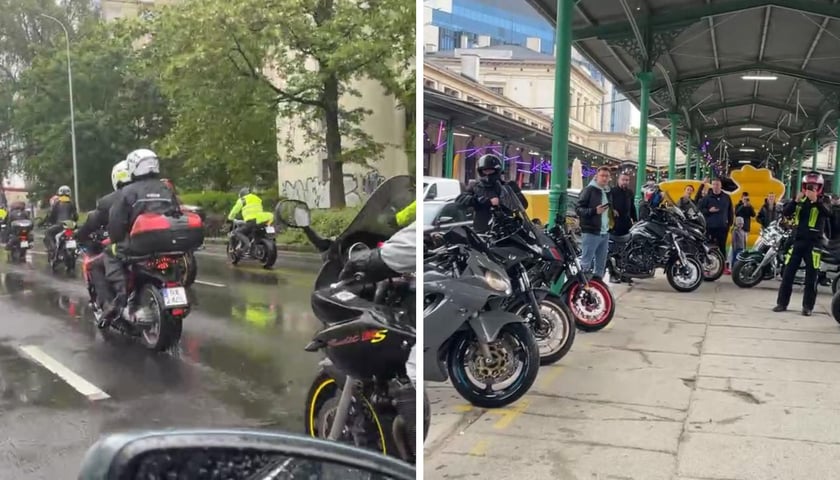 Zdjęcie podzielone na pół: z lewej - grupa motocyklistów jadących ulicą; z prawej - motocykle stojące pod wiatą na Dworcu Świebodzkim.
