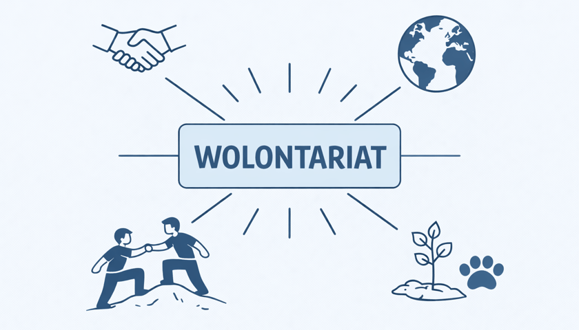 Obrazek ilustracyjny, na środku napis "wolontariat", otoczony ikonami symbolizującymi pomoc i wsparcie.