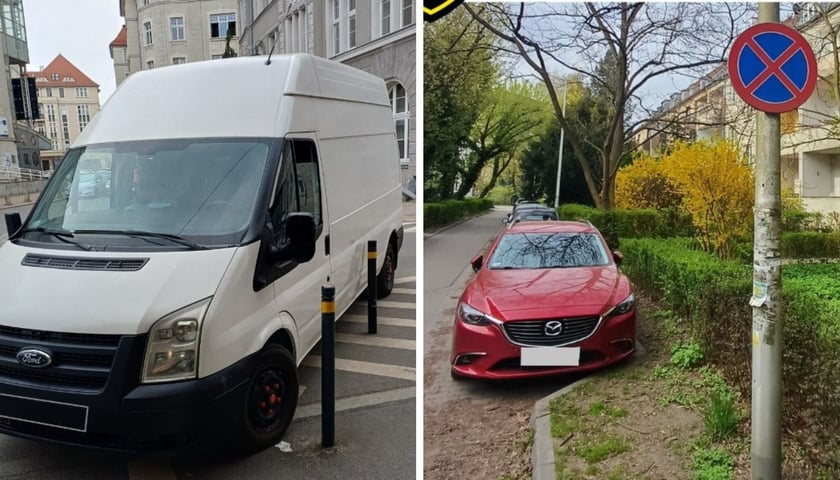 Kolaż dwóch zdjęć przedstawiających nieprawidłowo zaparkowane samochody.