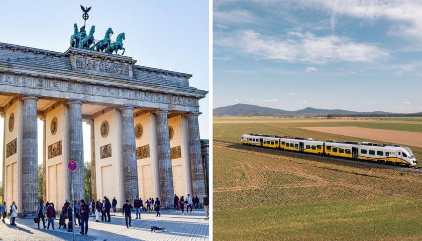 Zdjęcie ilustracyjne podzielone na pół: z lewej strony widok na Bramę Brandenburską w Berlinie; z prawej - pociąg Kolei Dolnośląskich jadący przez pola.