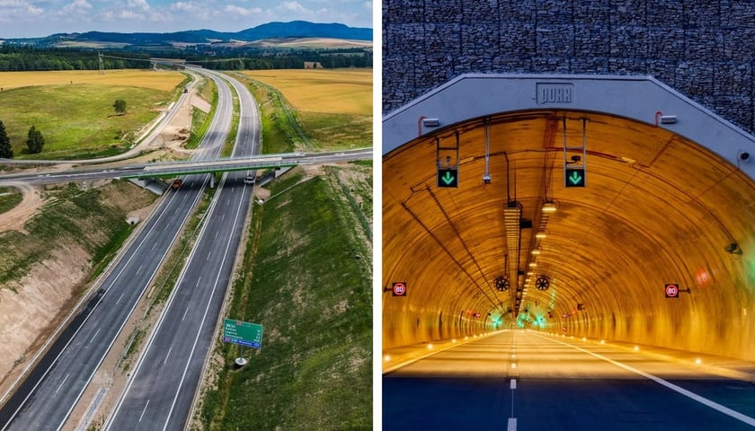 Widok z góry na drogę S3 (góry na horyzoncie) / oświetlony tunel widziany sprzed portalu (zdjęcie archiwalne)