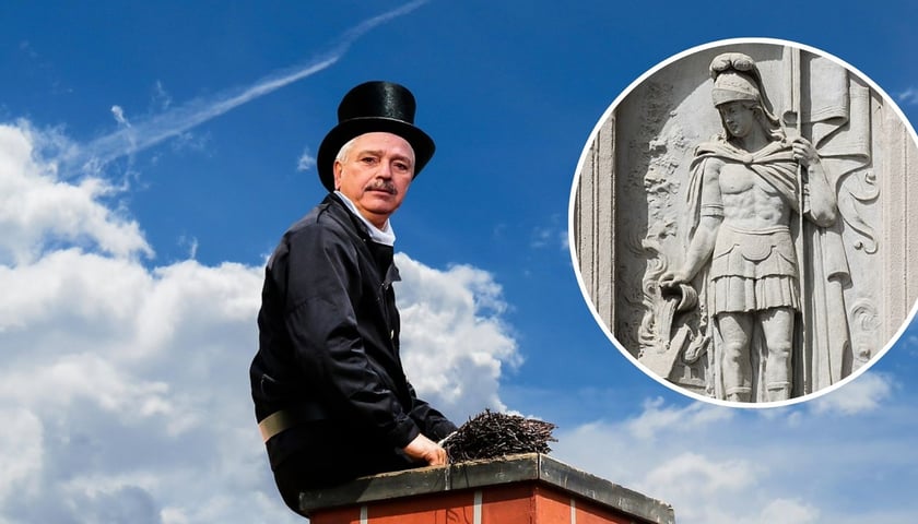 Na zdjęciu dużym ilustracyjnym kominiarz na dachu budynku, na zdjęciu małym św. Florian, patron kominiarzy – płaskorzeźba w Wambierzycach na Dolnym Śląsku