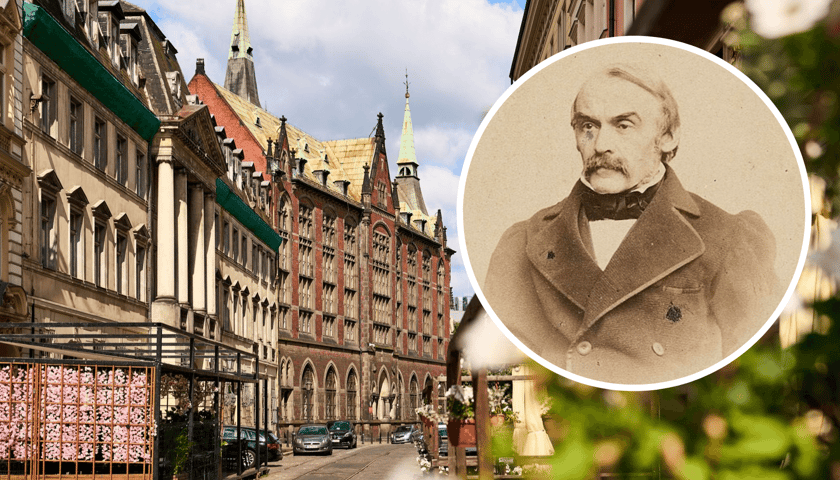 Portret Karola Szajnochy, w tle ulica Szajnochy we Wrocławiu, widać kamienice i budynek dawnej Biblioteki Uniwersyteckiej