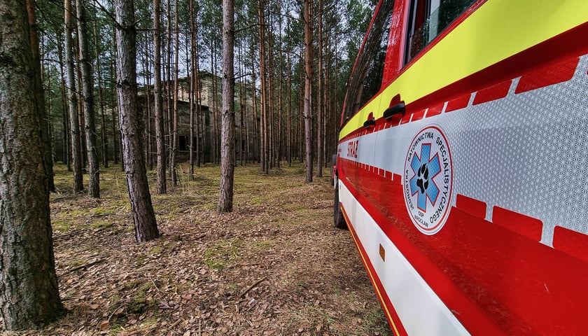 <p>Samoch&oacute;w Ochotniczej Straży Pożarnej z Wrocławia zaparkowany wśr&oacute;d drzew.</p>