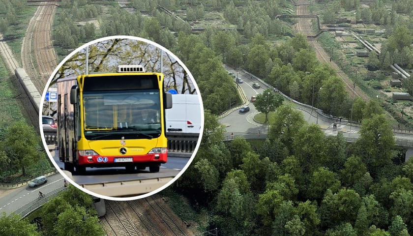 Duży obrazek to wizualizacja przebudowanego skrzyżowania i wyremontowanego wiaduktu. W kółku autobus MPK 