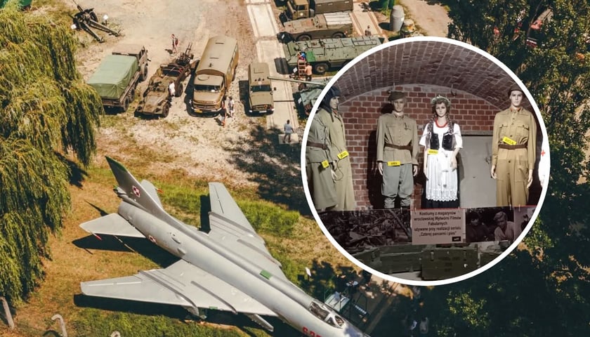 Społeczne Muzeum Militarne we Wrocławiu startuje z nowym sezonem 2026. Na zdjęciu widok z góry na samolot i czołgi prezentowane przy ul. Pełczyńskiej