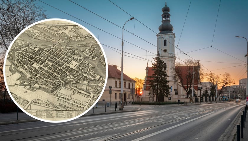 W tle - kościół św. Maurycego przy ul. Traugutta. W kółku - fragment starej mapy Wrocławia. 