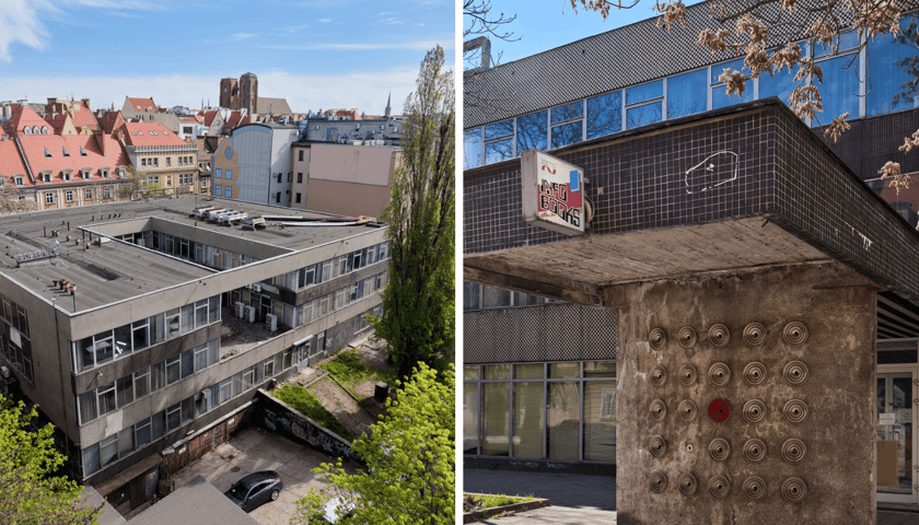 Budynek ZETO przy ul. Ofiar Oświęcimskich - z lewej zdjęcie z drona, z prawej zbliżenie na bramę